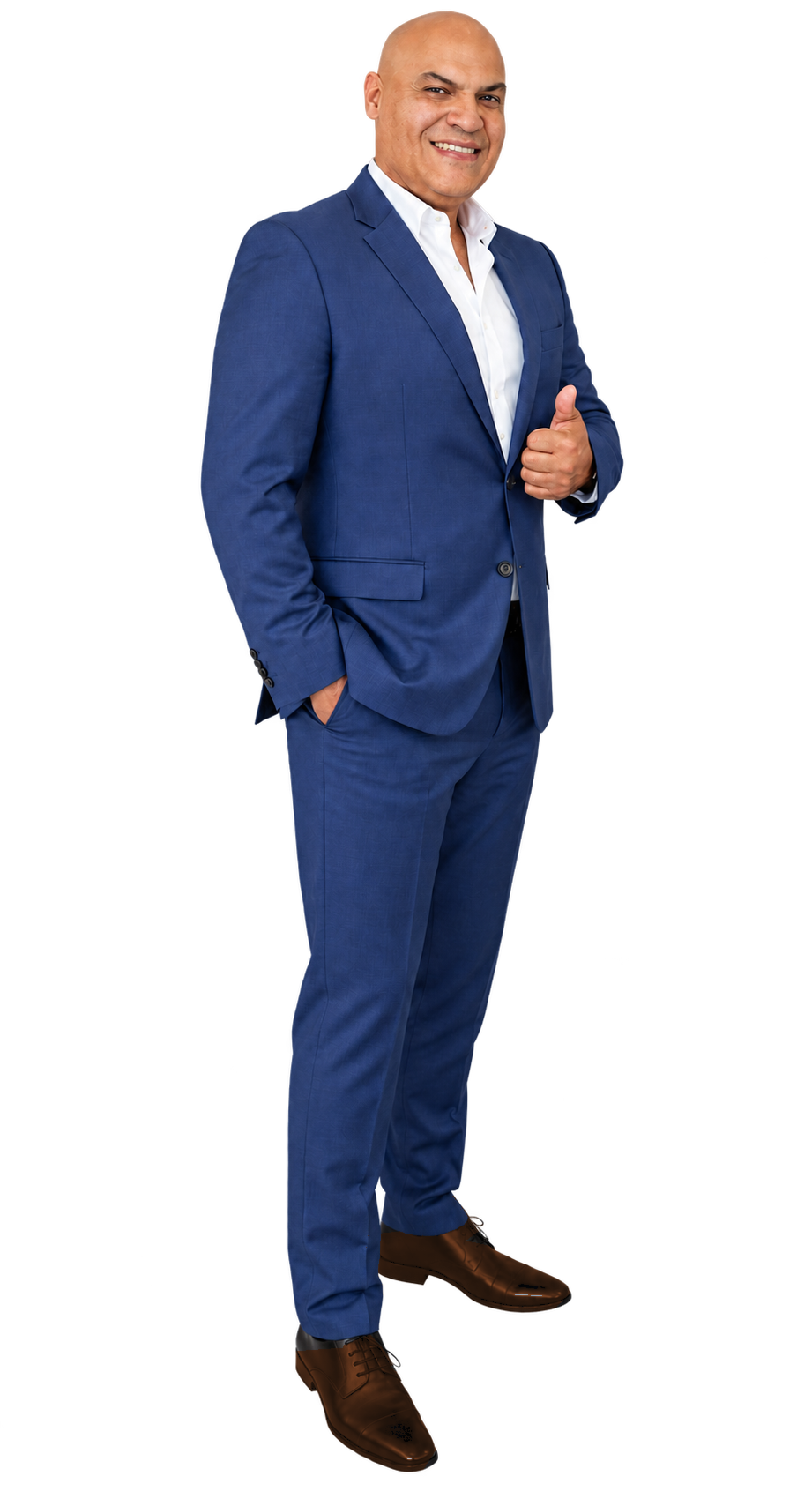 Adrian Lopez in a blue suit giving his signature thumbs-up